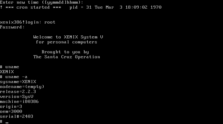 Xenix 386 booted with uname